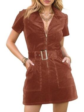 Brown Corduroy Zip Front Mini Dress Belted Size M